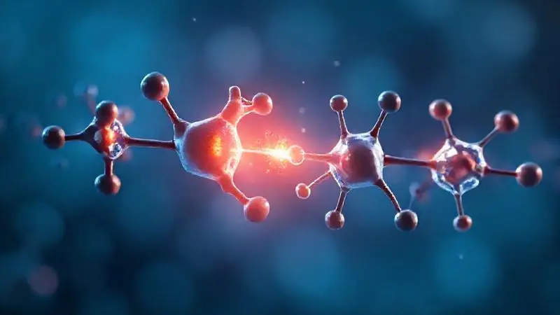 Ilustração conceitual da interação molecular entre creatina e carboidratos representando sinergia metabólica.