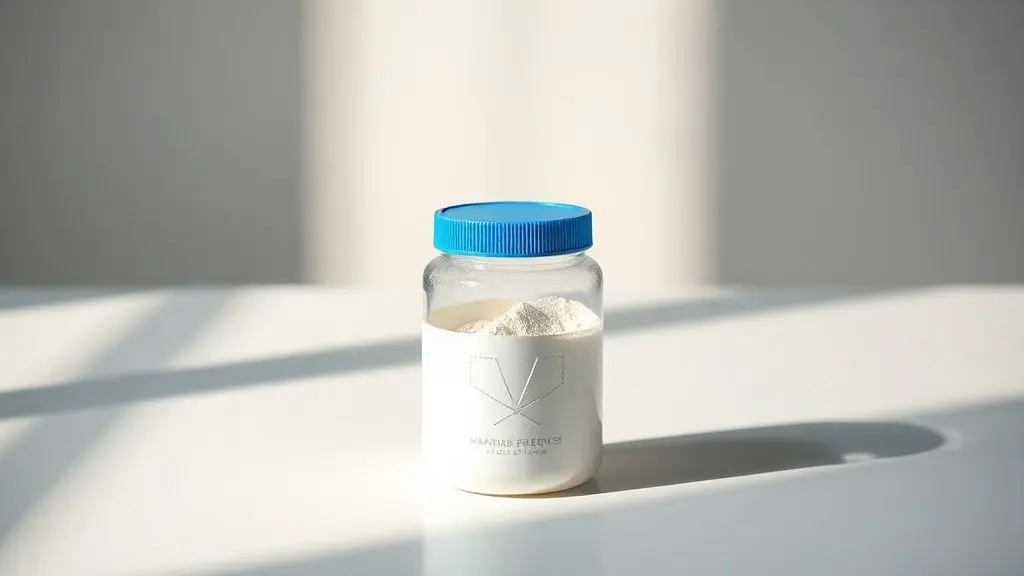Pote de suplemento sem marca em fundo neutro para reportagem sobre investigação de fábrica de creatina