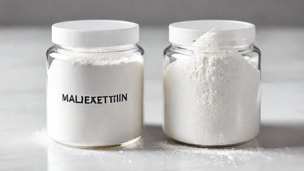 Suplementos de maltodextrina e creatina puros em pó em recipientes transparentes sobre fundo limpo