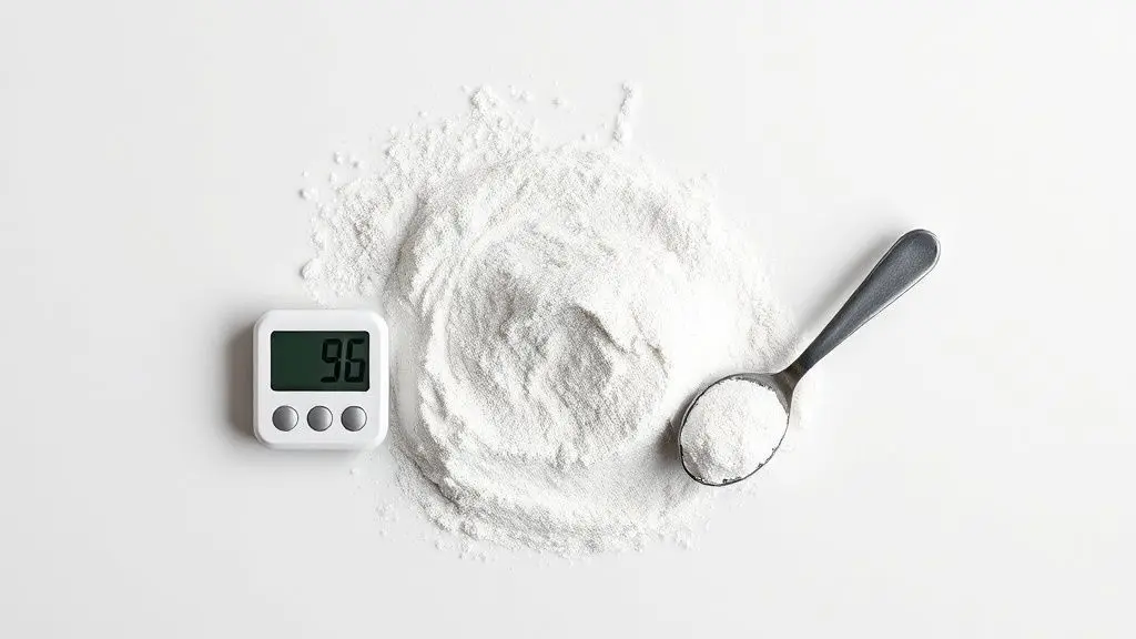 Medição precisa de 5 gramas de creatina em pó branco em uma balança digital ao lado de uma colher