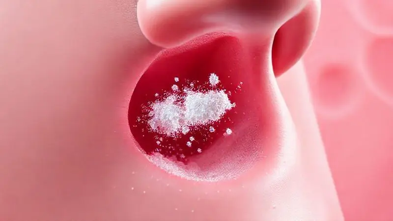 Ilustração conceitual mostrando partículas de pó entrando na cavidade nasal com contraste entre tecido saudável e possível irritação.