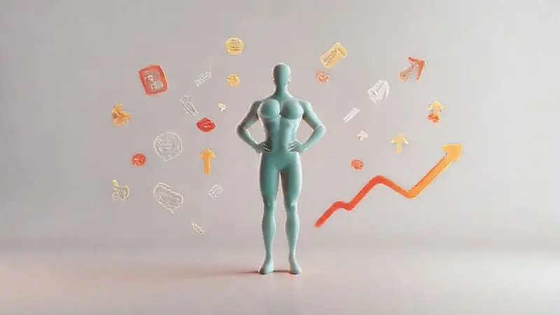 Representação artística de pessoa com objetivos de ganho de peso e massa muscular com símbolos de calorias.