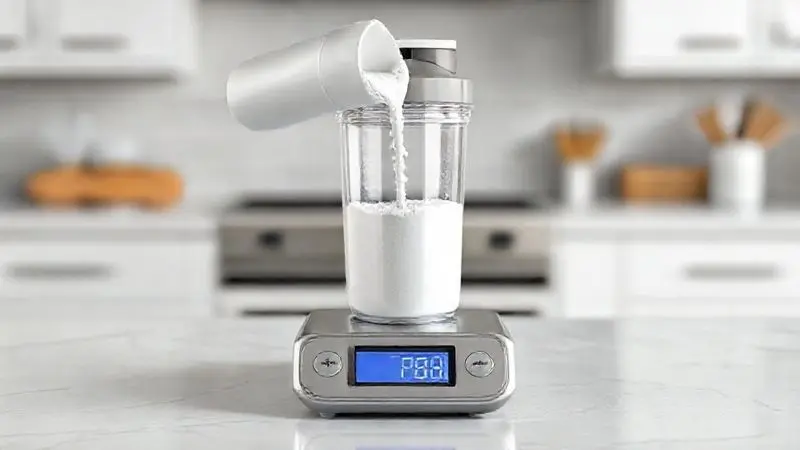 Ilustração conceitual do preparo de suplemento em pó sendo medido e colocado no shaker