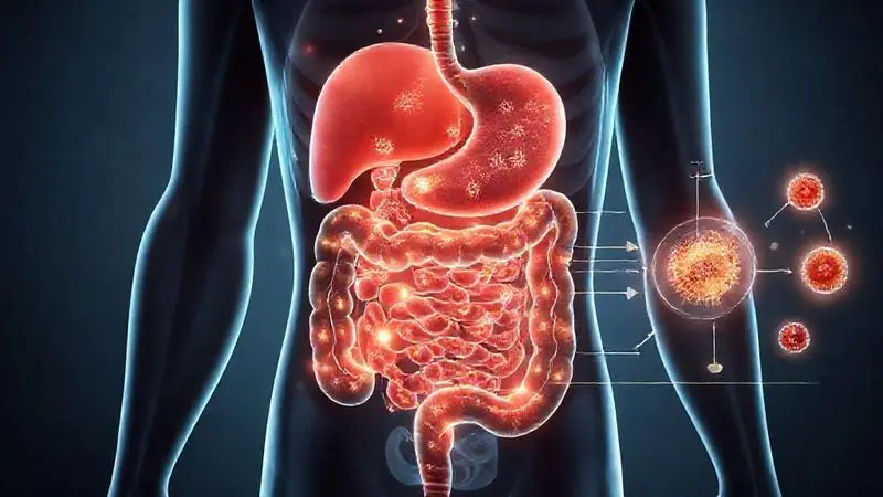 Ilustração conceitual do processo digestivo e absorção de nutrientes hipercalóricos no organismo.