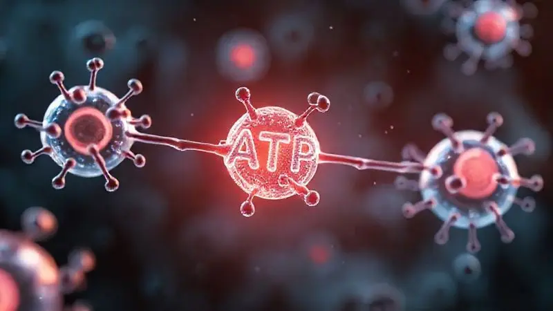 Representação artística do processo energético celular com ATP e músculos em atividade metabólica.