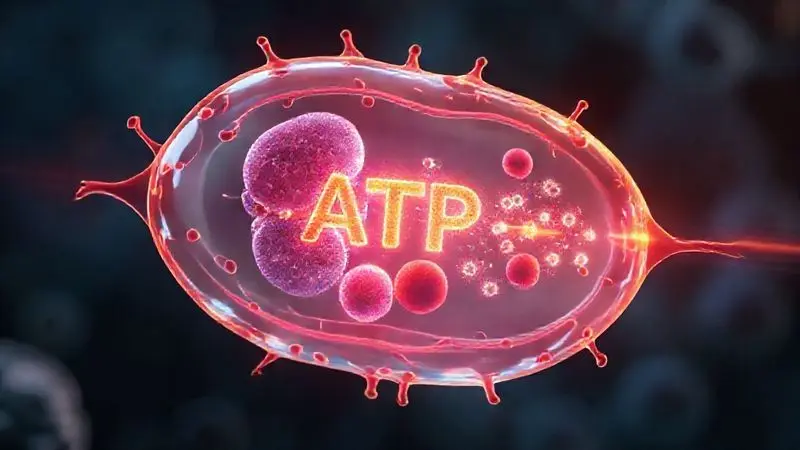 Ilustração 3D de célula humana mostrando transferência de energia ATP com moléculas de creatina fosfato
