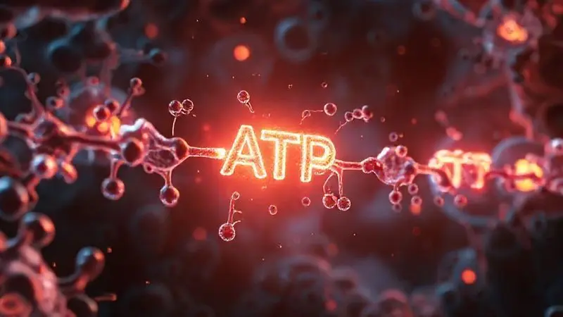 Representação artística do processo de produção de energia ATP através do sistema de fosfato de creatina nas células musculares