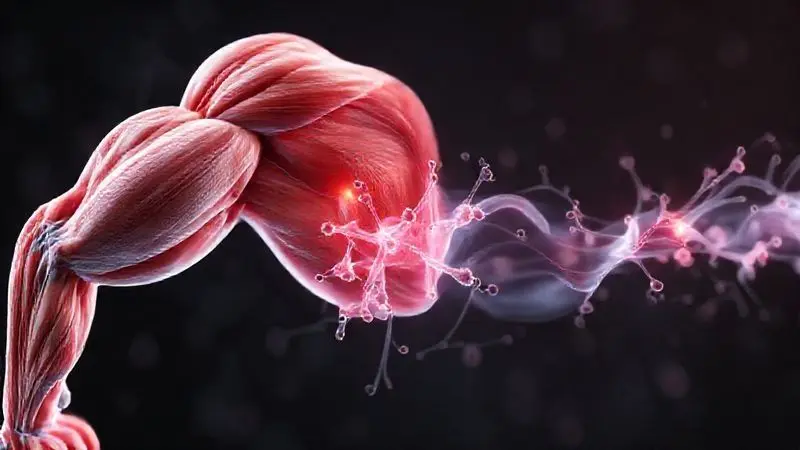 Ilustração conceitual do processo de hipertrofia muscular e crescimento das fibras musculares.