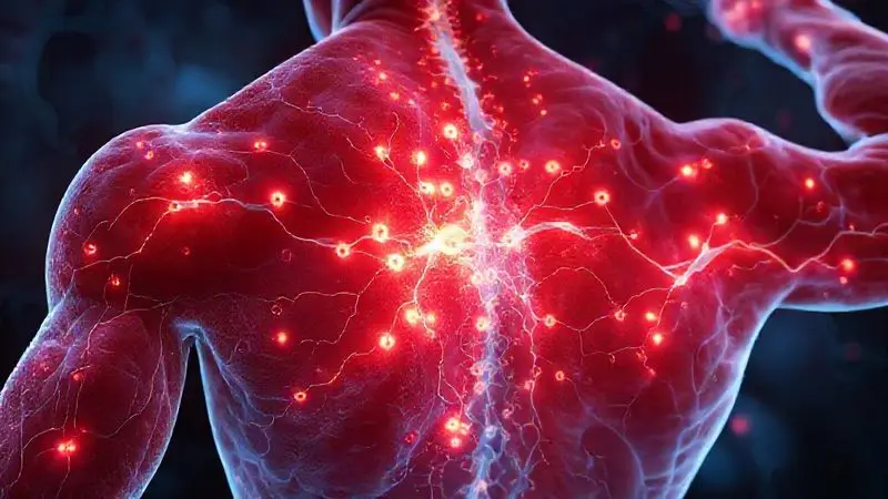 Visualização conceitual de produção energética celular e alívio de dor muscular em tecido muscular