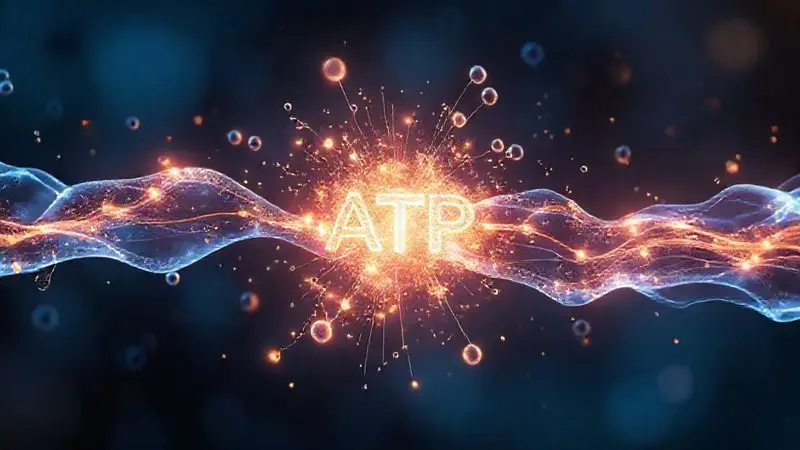 Ilustração científica da produção de energia celular com moléculas de ATP e tecido muscular abstrato