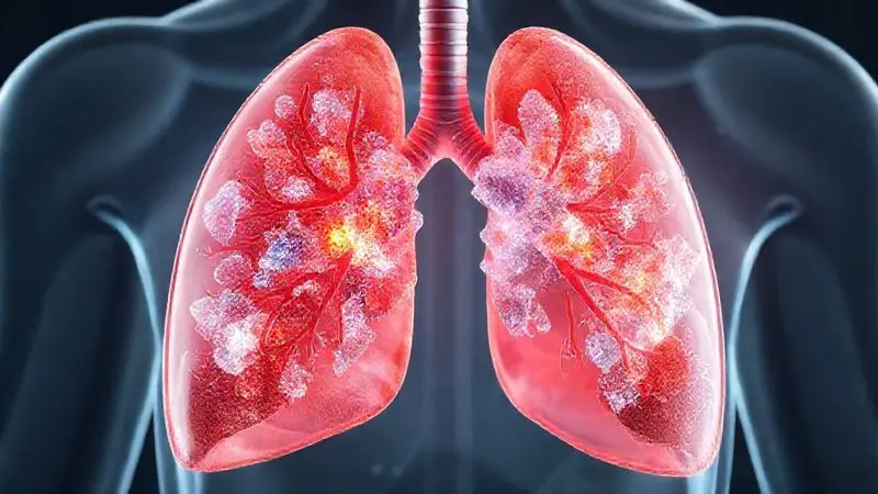 Render 3D artístico de pulmões com formações cristalinas abstratas indicando dano respiratório por partículas.