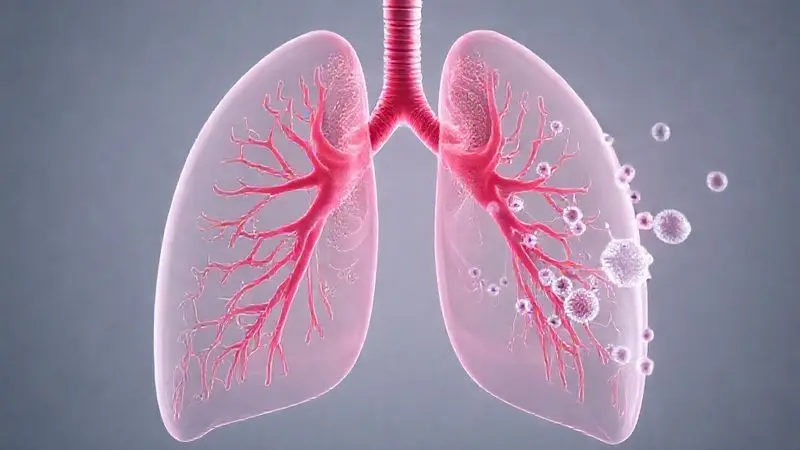 Ilustração conceitual de pulmões humanos com partículas de creatina próximas às vias aéreas
