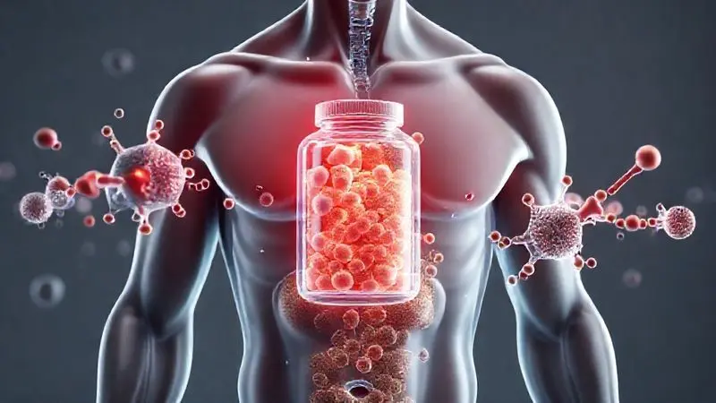 Ilustração conceitual da suplementação nutricional sendo absorvida pelo organismo