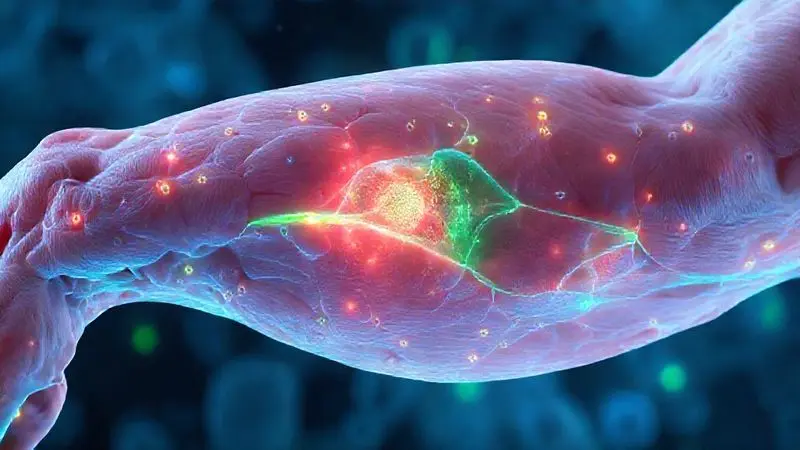 Processo de recuperação e reparação muscular após treino intenso com suplementação.