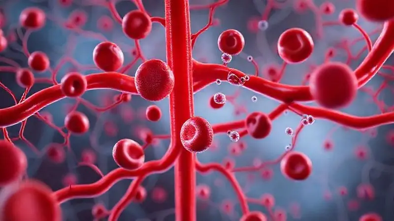 Representação artística do sistema circulatório com células vermelhas do sangue e moléculas de creatina integradas na corrente sanguínea.