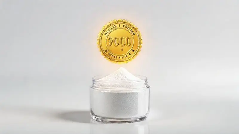 Render conceitual de selo de qualidade Creapure brilhando acima de pó de creatina pura em recipiente transparente.