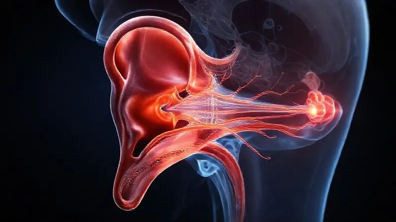 Ilustração conceitual do sistema vestibular do ouvido interno, mostrando os canais de equilíbrio e conexões nervosas