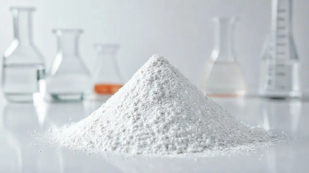 Suplemento de creatina pura em pó sobre fundo branco, mostrando estrutura cristalina em close-up profissional