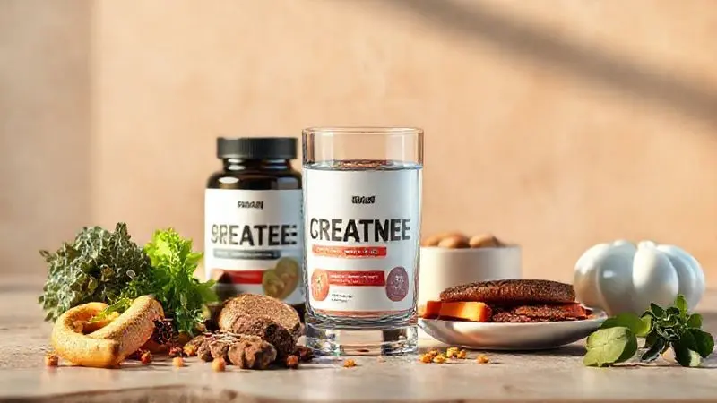 Cena conceitual de suplementação equilibrada com creatina, água e alimentos saudáveis para bem-estar digestivo