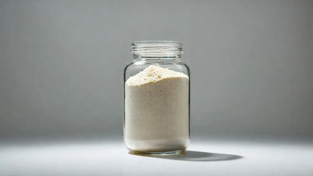 Suplemento de colostro bovino em pó em frasco de vidro, sobre fundo neutro com iluminação profissional