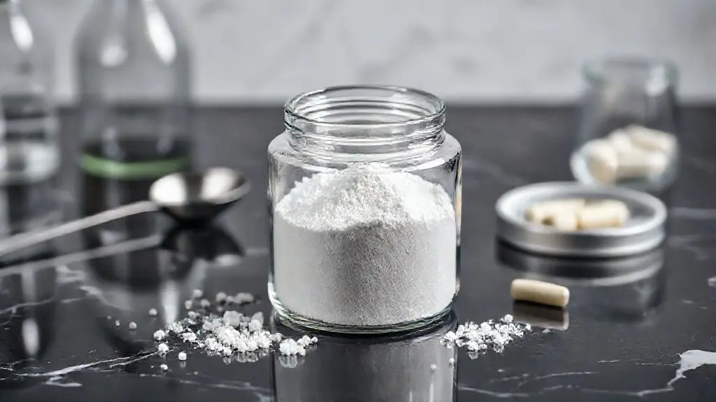 Pó de suplemento branco em frasco de vidro sobre superfície de mármore preto, mostrando textura cristalina com utensílios de laboratório ao redor.