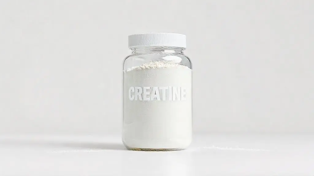 Pote de suplemento de creatina em pó sem marca sobre fundo limpo, destacando textura do pó e embalagem transparente