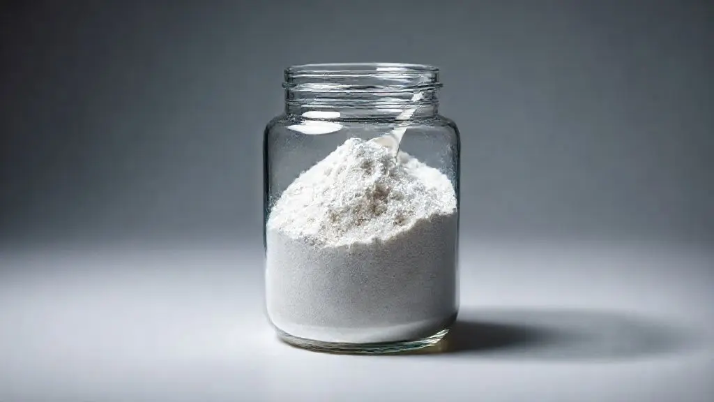 Suplemento de creatina em pó dentro de vidro transparente em iluminação de estúdio profissional, foco nos detalhes e textura do produto.