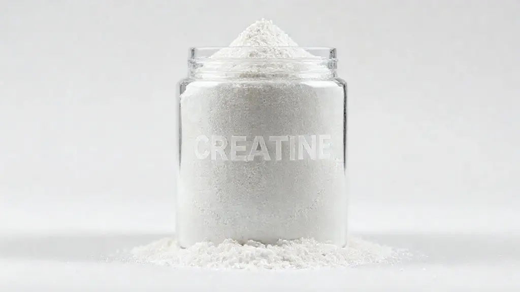 Suplemento de creatina pura em pó para ganho de força e hipertrofia muscular em ambiente de estúdio profissional.