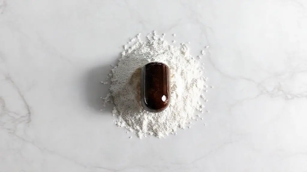 Suplemento de creatina em pó ou cápsula sem marca, sobre mármore branco, iluminação de estúdio profissional destacando texturas.