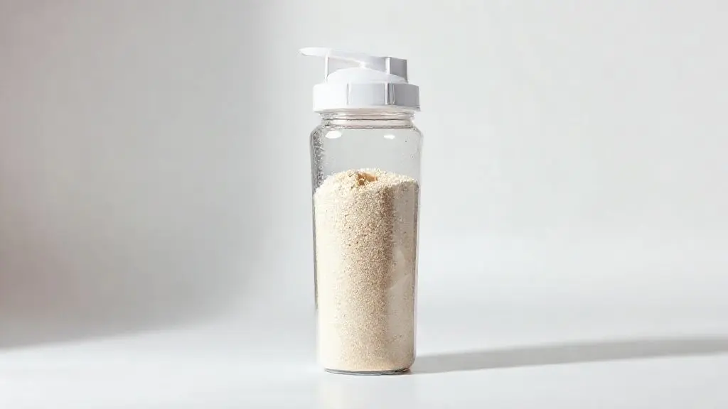 Suplemento hipercalórico em pó dentro de shaker sobre fundo branco com iluminação profissional que destaca texturas.