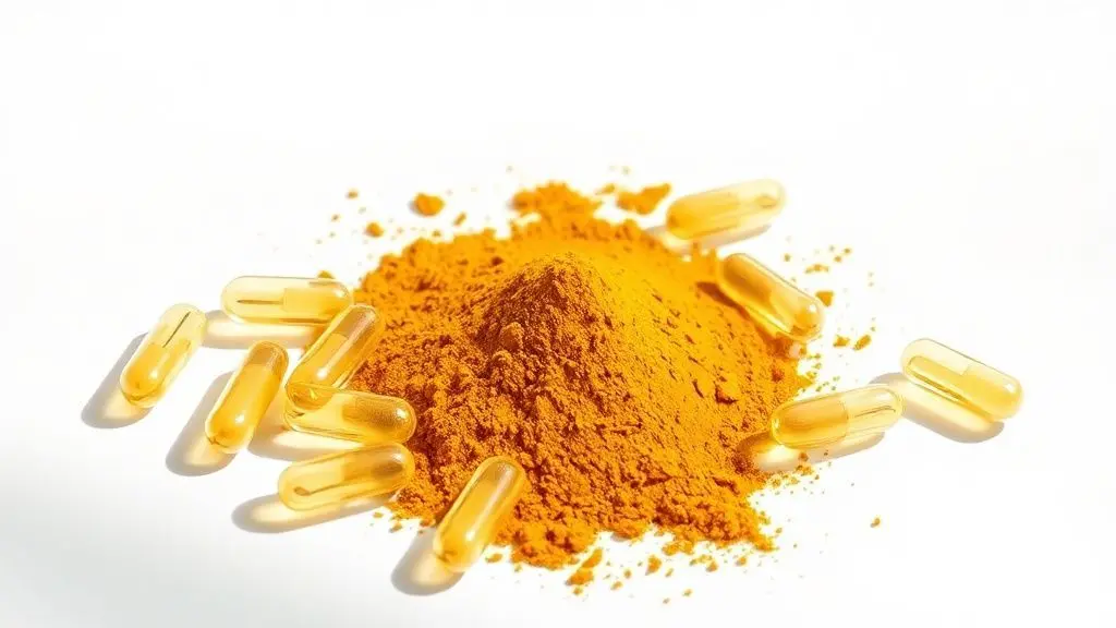 Suplemento natural de ora-pro-nóbis com creatina e cúrcuma em cápsulas e pó sobre fundo branco