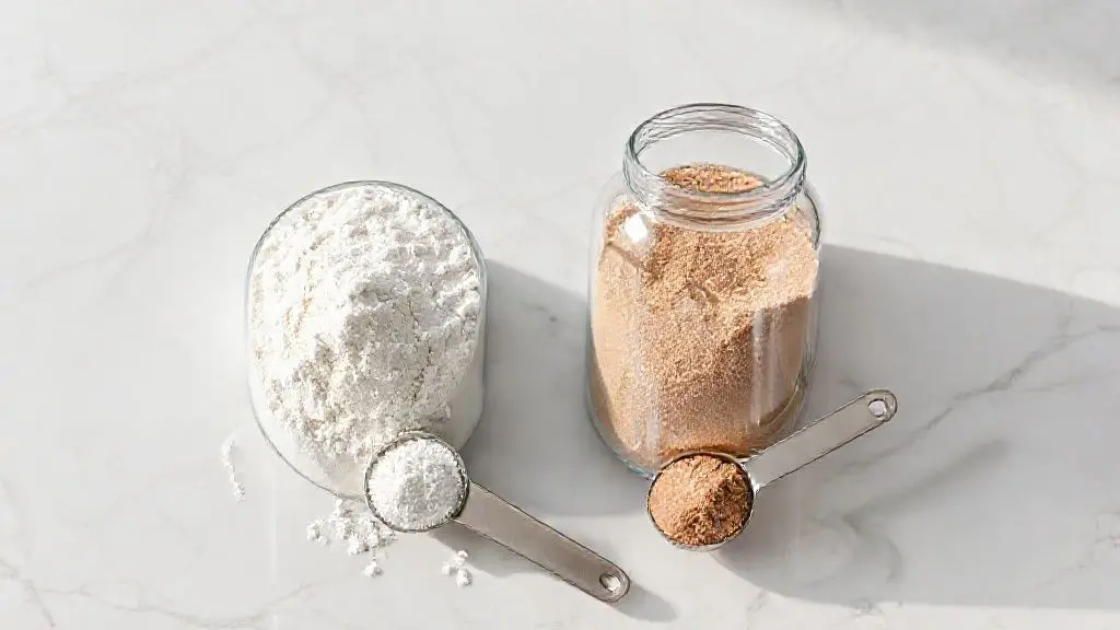 Suplementos de creatina e whey protein em pó em potes de vidro, representando suplementação após cirurgia de vesícula