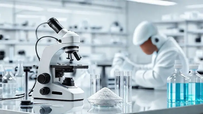 Ilustração conceitual de equipamentos de laboratório analisando creatina em pó para testes de qualidade