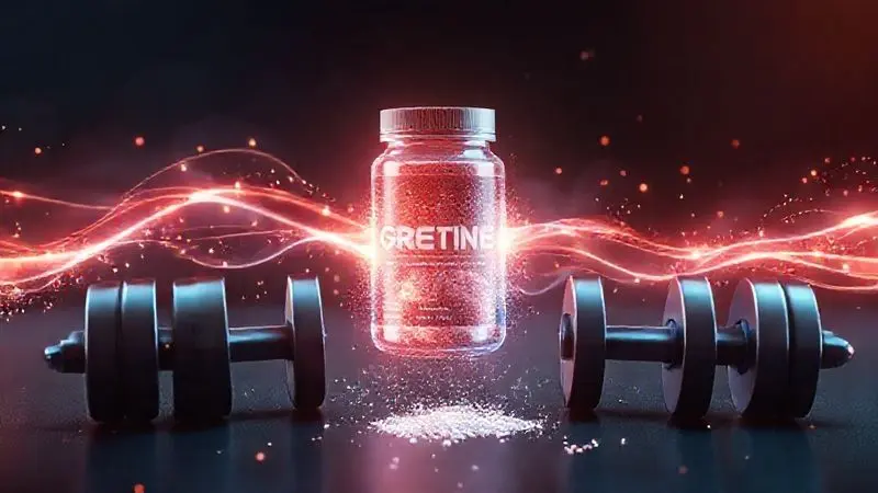 Visualização conceitual de energia sendo transferida da creatina para equipamentos de musculação em render 3D artístico.